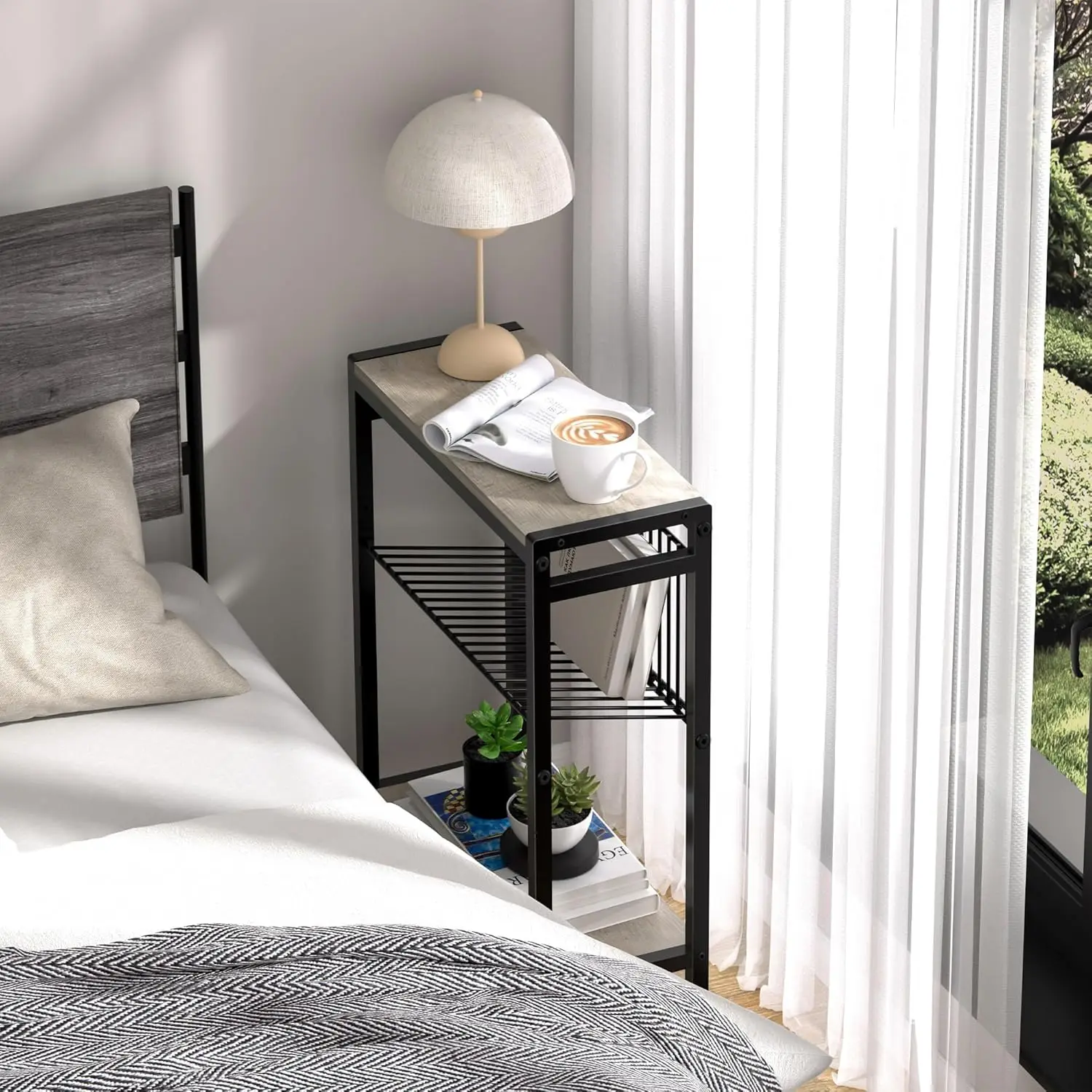Small Side Table for Small Space, 3-Tier Narrow End Table with Magazine Holder, Slim Nightstand, Skinny Snack Couch Table