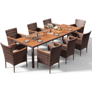 Outdoor Patio Dining Sets 9 Pieces Wicker Outdoor Dining Table and Chairs Set with Acacia Wood Table Top and Widened Armrests