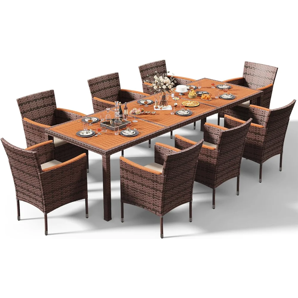 Outdoor Patio Dining Sets 9 Pieces Wicker Outdoor Dining Table and Chairs Set with Acacia Wood Table Top and Widened Armrests