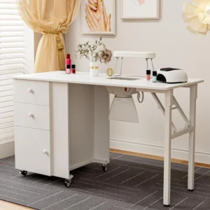 Foldable Manicure Table Nail Desk, Expandable Nail Tech Table with Storage Fabric Drawer & Adjustable Shelves, Wall Nail Station