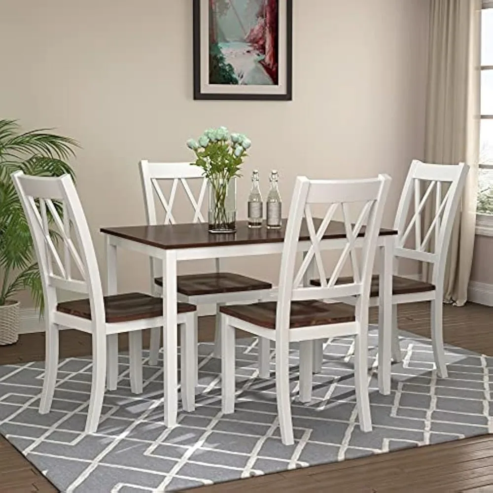 5 Piece Dining Table Set, Wood Kitchen Table Set with Table and 4 Chairs, Ivory White and Cherry