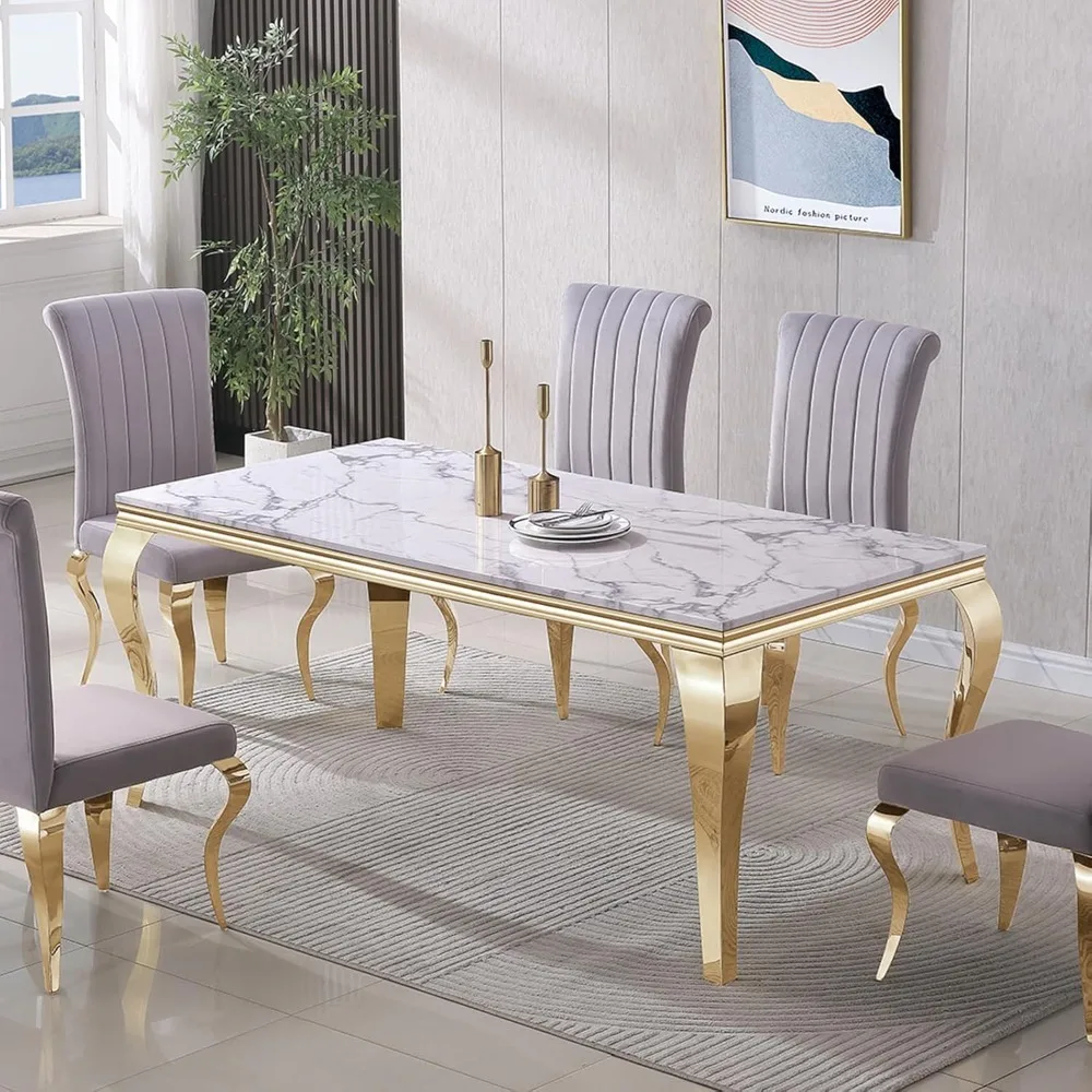 70 "faux marble white dining table for 6-8 people, modern dining table with 0.71" s shaped gold stainless steel base